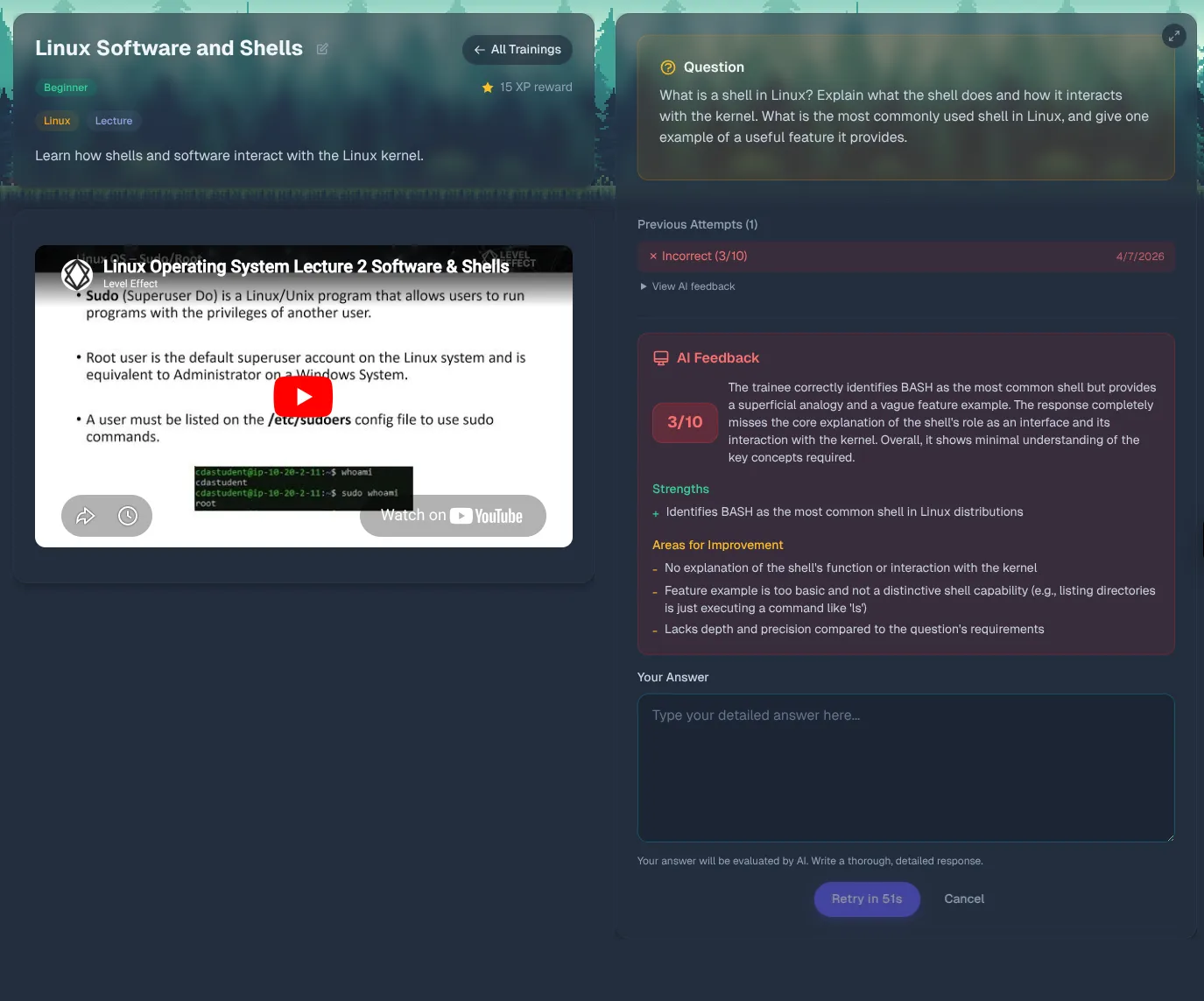 AI grading feedback with score and areas for improvement