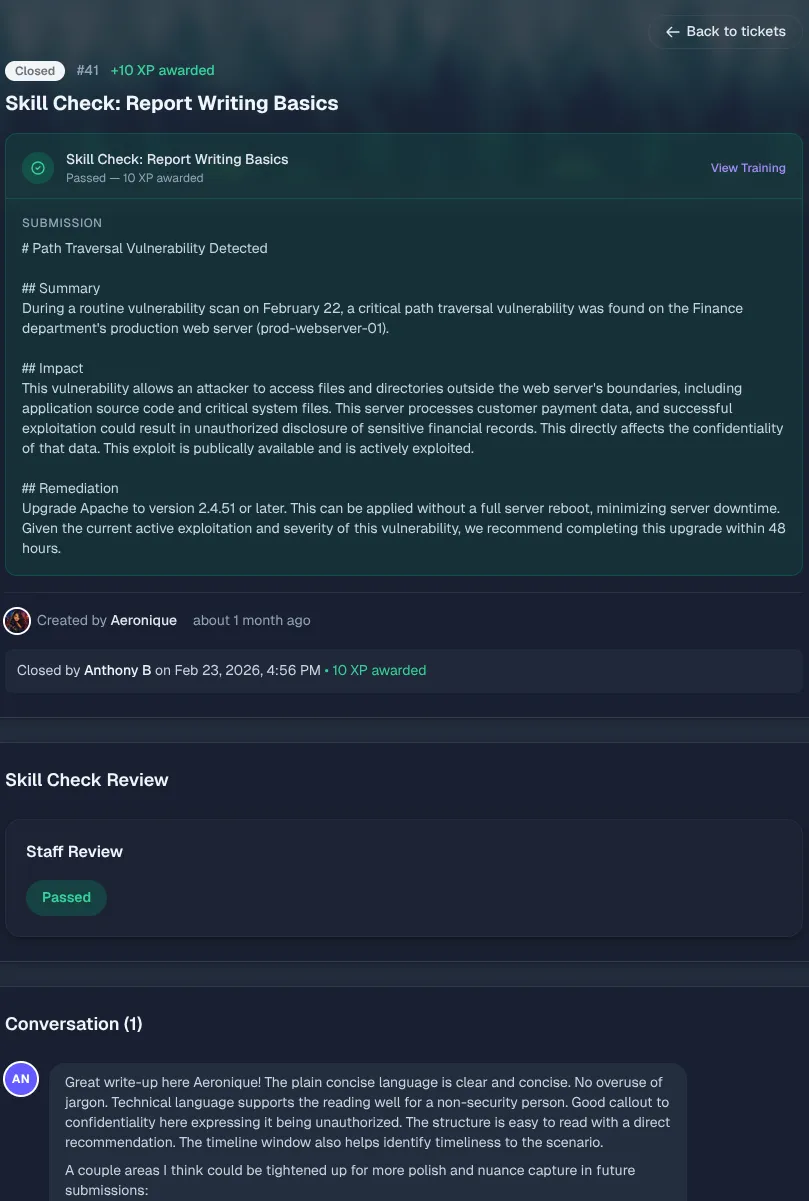 Instructor skill check review with staff feedback