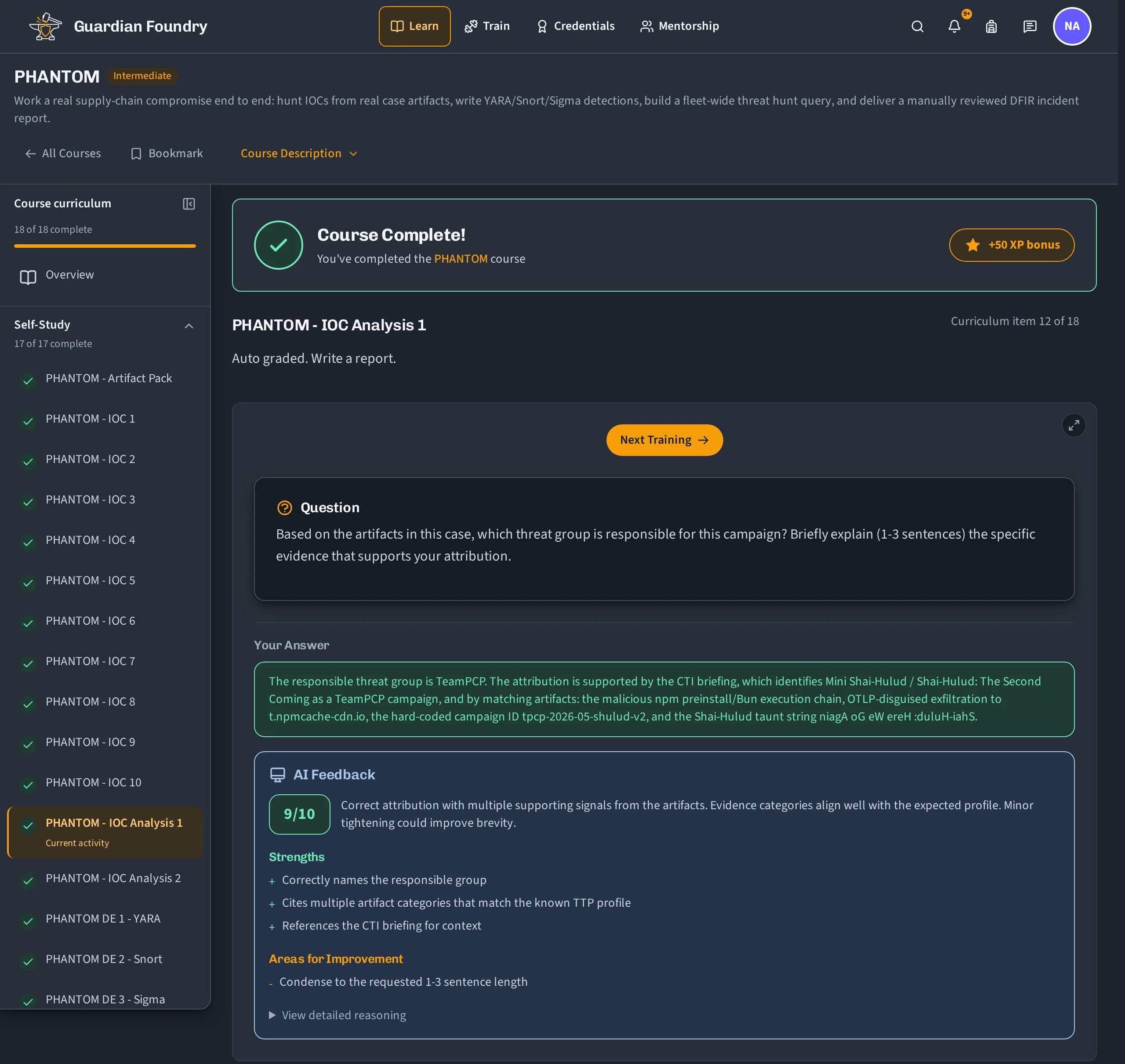 Guardian Foundry course workspace for PHANTOM, showing the course curriculum, a question asking which threat group is responsible for the campaign, the learner’s answer naming TeamPCP, and AI feedback scoring it 9 out of 10.