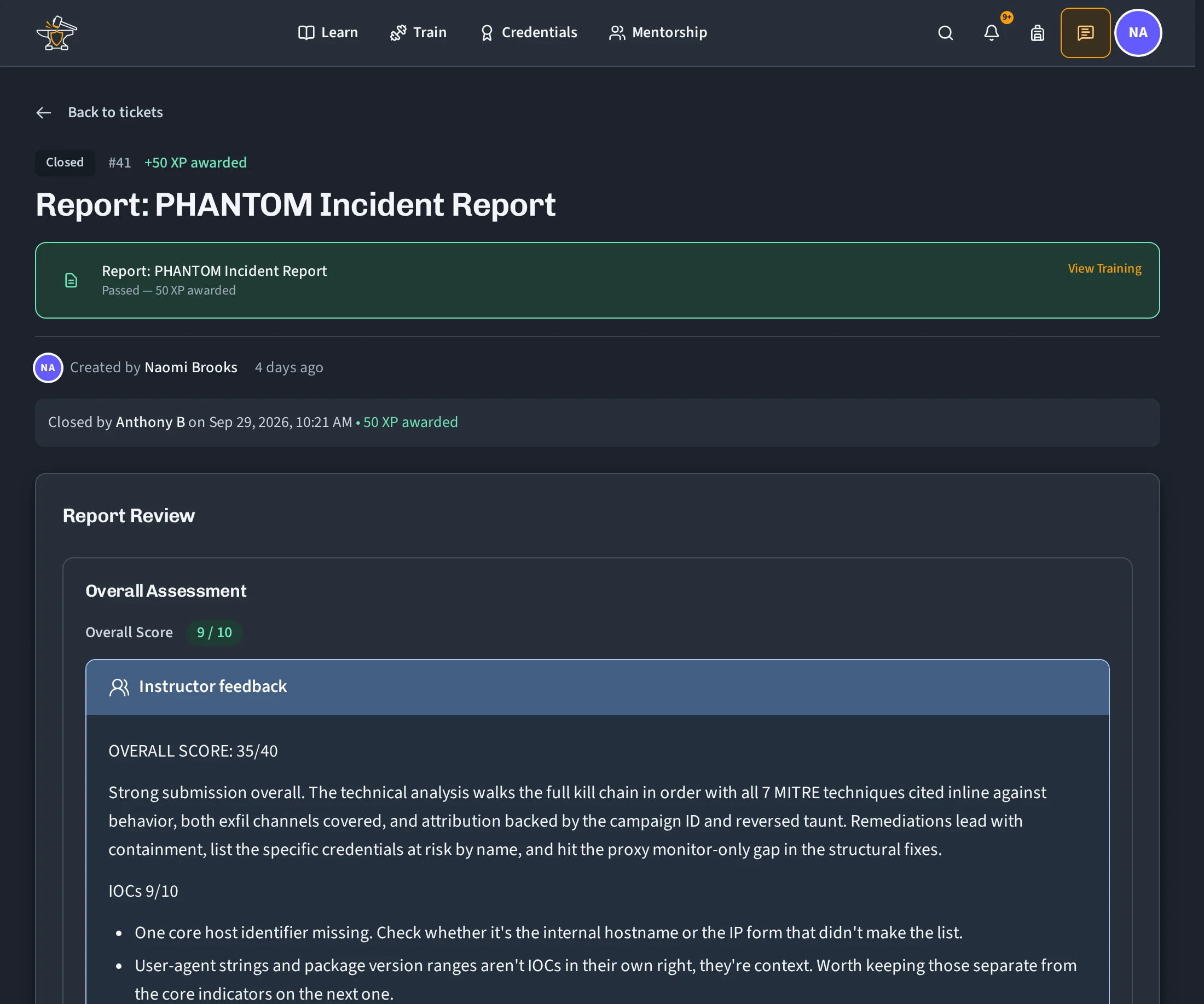 Guardian Foundry report page for a passed PHANTOM incident report, showing an overall score of 9 out of 10 and the opening of the instructor’s written feedback.