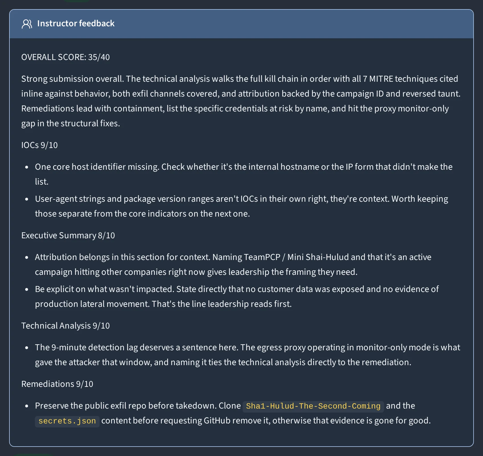 Instructor feedback on a PHANTOM incident report: an overall score of 35 out of 40, with specific notes on the indicators of compromise, executive summary, technical analysis, and remediations.