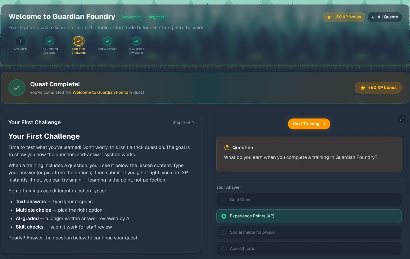 Training challenge with quest progress and XP rewards