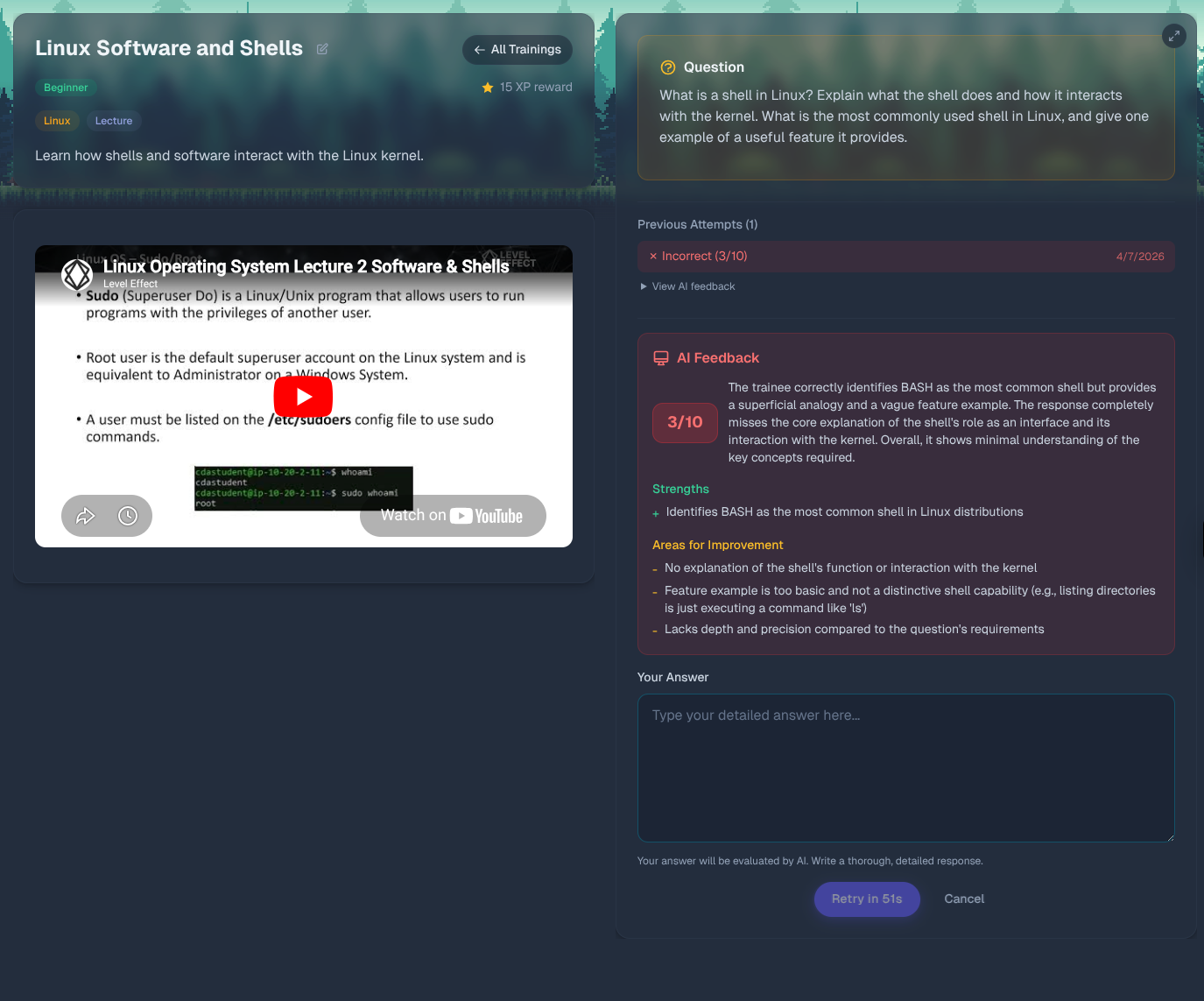 AI grading feedback with score and areas for improvement