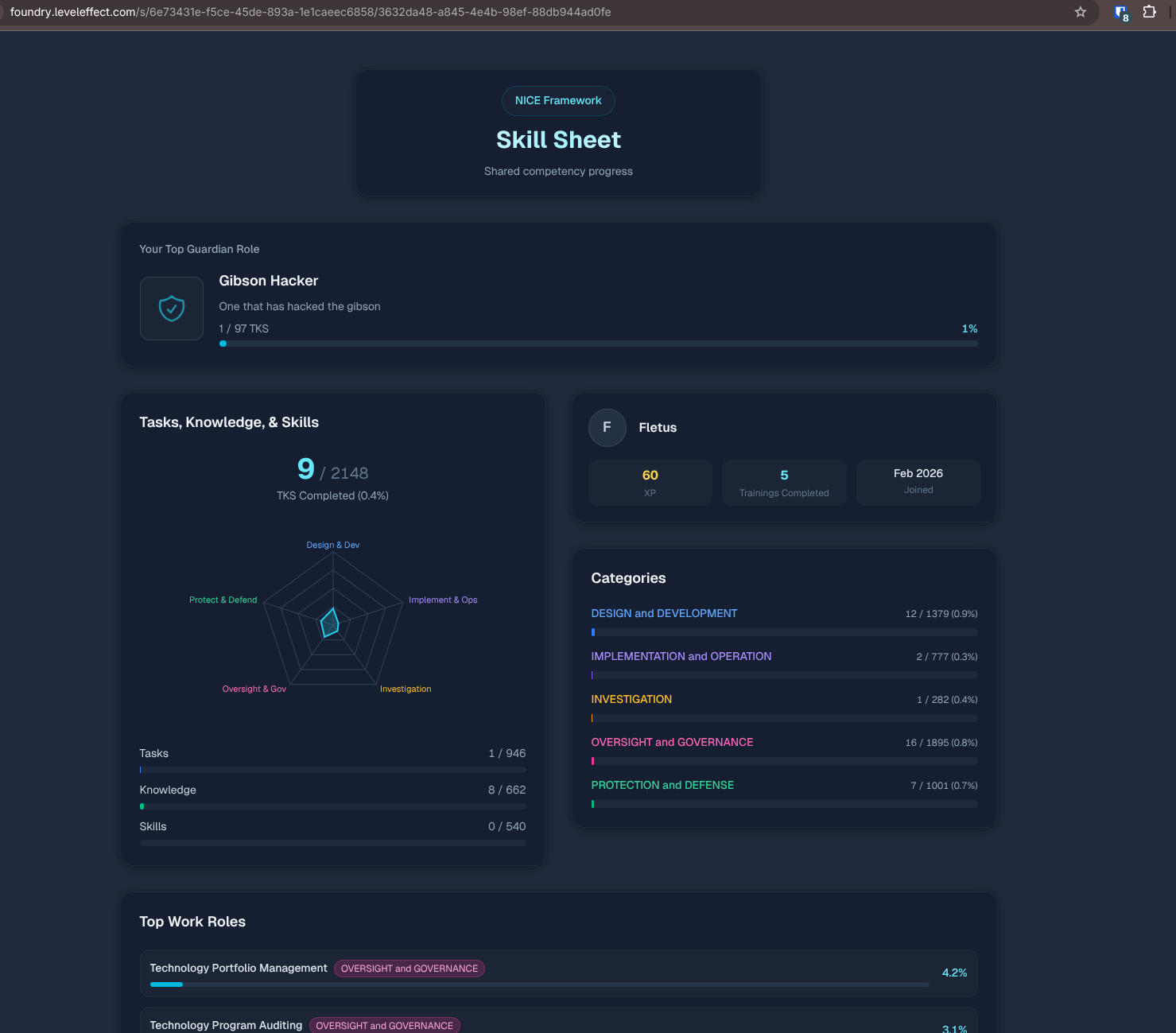 Skill Sheet showing NICE framework progress and role mapping