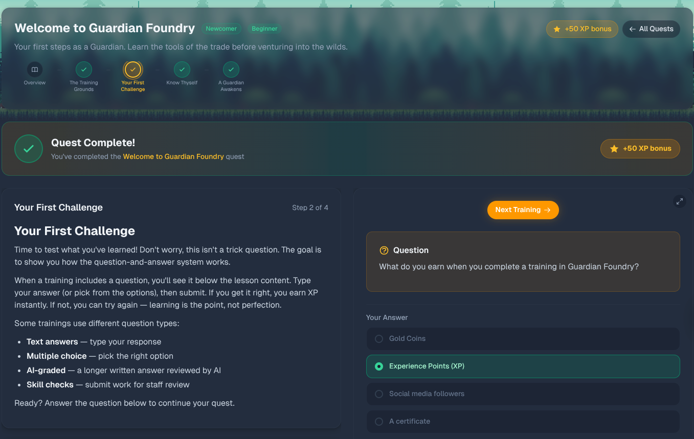 Training challenge with quest progress and XP rewards